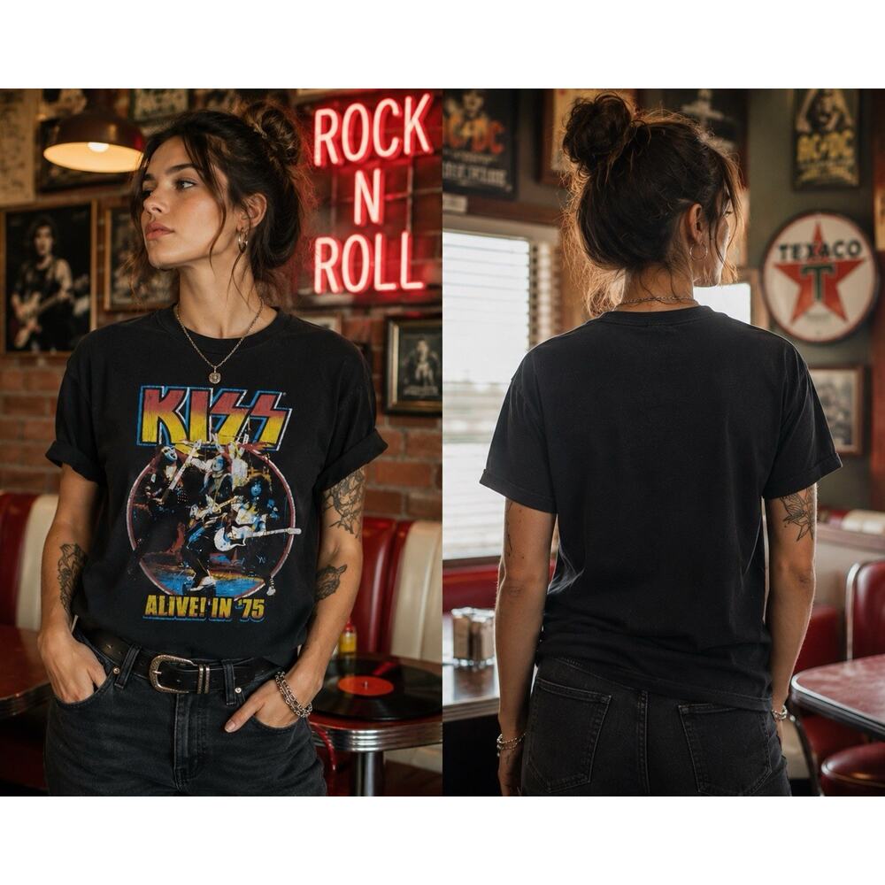 KISS Alive In ‘75 Retro Graphic Band T-Shirt Black Men’s Size M Rock Tee - Picture 2 of 6